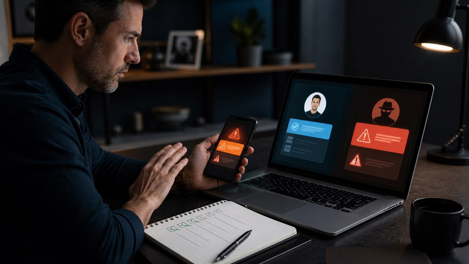 Person comparing a verified ethical hacker with warning signs from a fake hacker offer