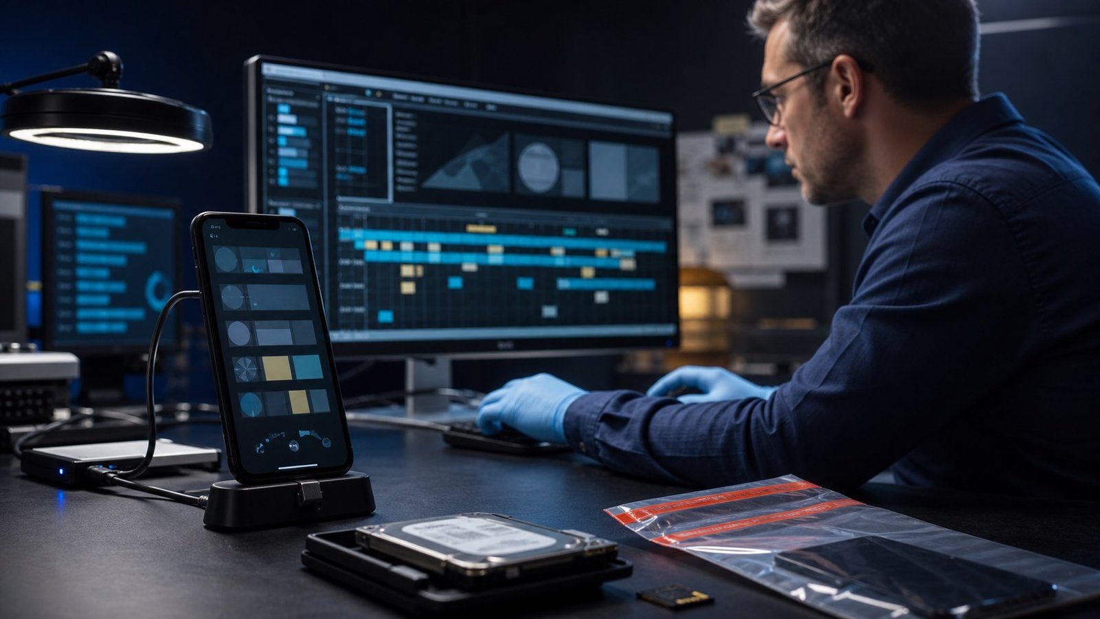 Digital forensics specialist examining a phone for deleted messages without a cloud backup