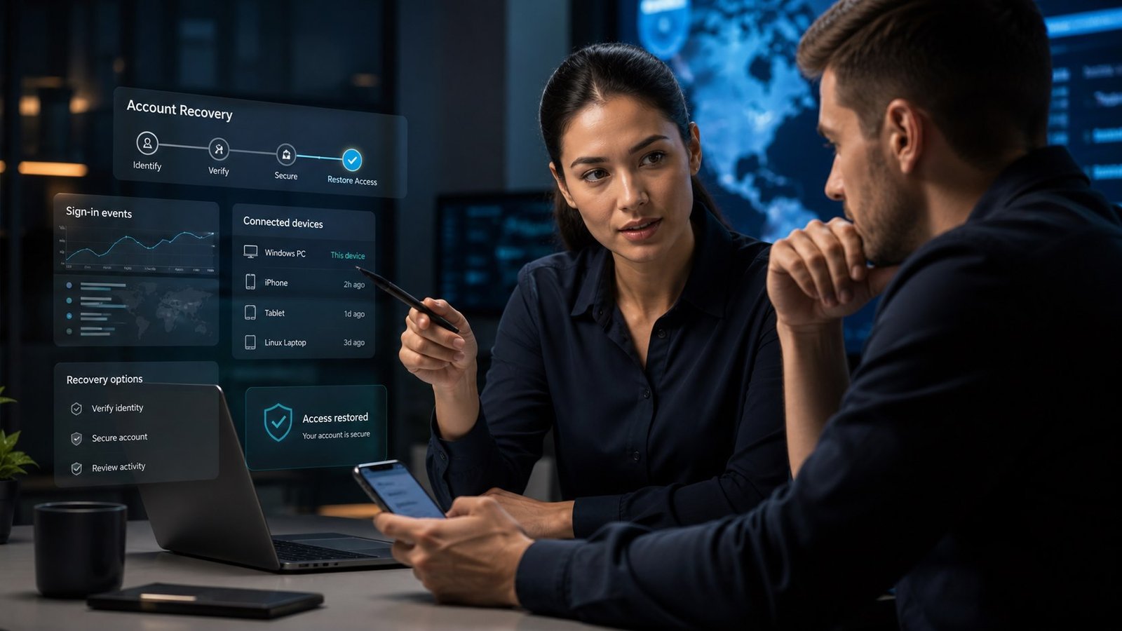 Ethical hacker helping a client recover a hacked account and review connected devices